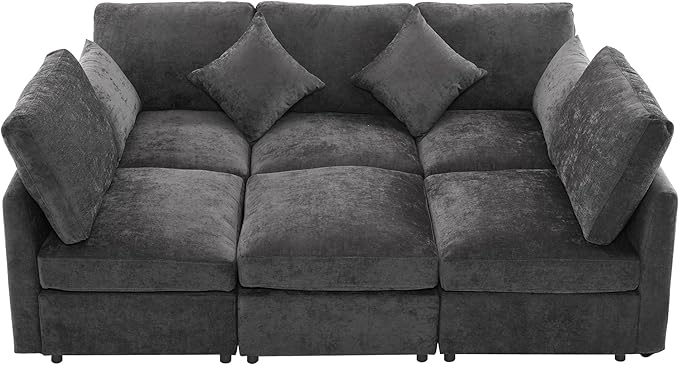 6 Seater Reversible Modular Sectional Sofa Convertible Sleeper Couch Bed , Free Combination Chenille Upholstered Corner Sofa&Couches with USB Ports and Detachable Cushions for Living Room Furniture