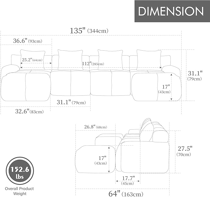 135" U-Shaped Compressed Sectional Cloud Sofa, Flannel Upholstered Modular Tufted Sofa with 6 Pieces, Symmetrical Boneless Foam Modular Cloud Couches for Living Room