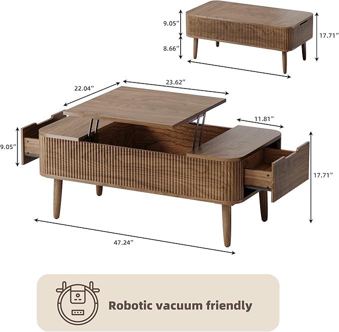 47.2” Modern Coffee Table Wooden Fluted Lift Top Coffee Table with Hidden Compartment, Mid Century Modern Rectangle Center Tables with Lifting Tabletop & 2 Storage Drawers for Home Living Room Walnut