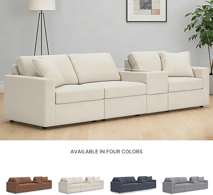 Signature Design by Ashley Modmax Coastal Modular Stain Resistant 4-Piece Sectional with Storage Console, Drawer and 2 Accent Pillows, Beige