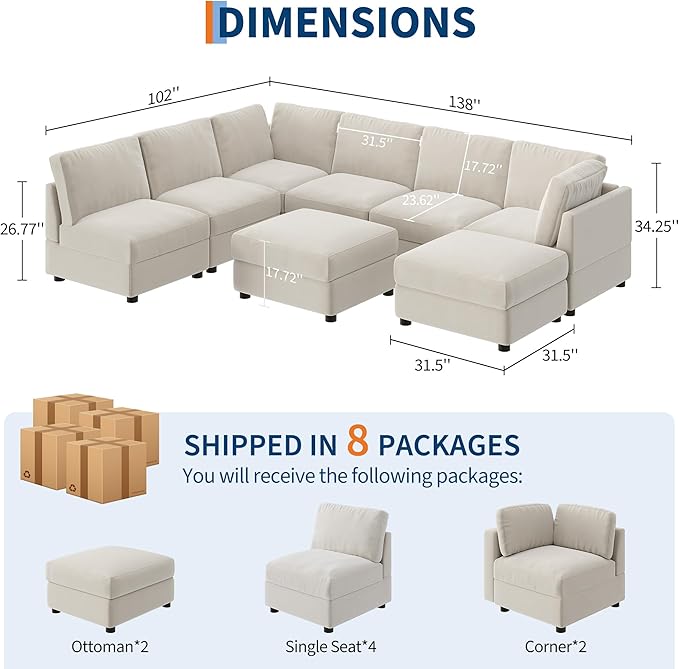 GarveeHome 138" Modular Sectional Sofa, 8 Seater Sectional Couch, U Shaped Sofa with Ottoman, Oversized Convertible Modular Couch for Living Room Apartment Office, Chenille Beige