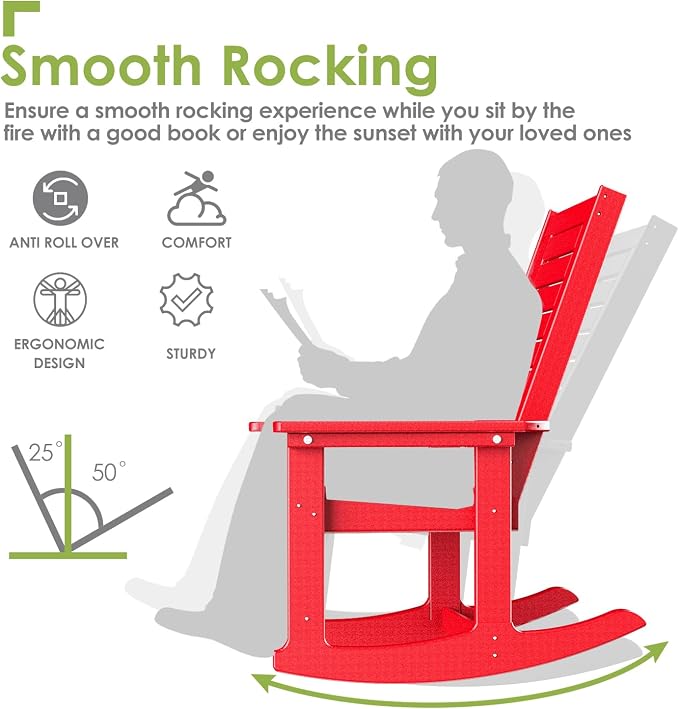 GREENVINES Outdoor Rocking Chair Set | 3-Piece | 2 Rocking Chairs with 1 Side Table | Porch Rocker | HDPE Plastic | Red | Patio Furniture Sets | High Back | Big & Tall | Ladder Back - Image 5
