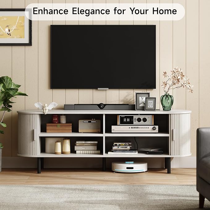 ONBRILL 63" TV Stand with Power Outlet for TVs up to 70 Inch, Entertainment Center with Storage and Adjustable Shelves, Modern Media Console with Sliding Doors for Living Room, Natural White - Image 3