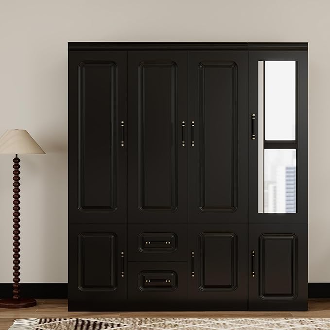 Modern 4-Door Black Armoire Wardrobe Closet with Mirror, 2 Hanging Rods, 2 Drawers, Bedroom Wardrobe