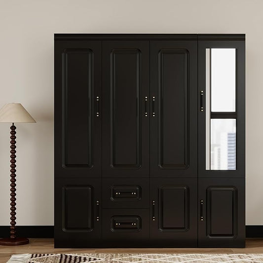 Modern 4-Door Black Armoire Wardrobe Closet with Mirror, 2 Hanging Rods, 2 Drawers, Bedroom Wardrobe