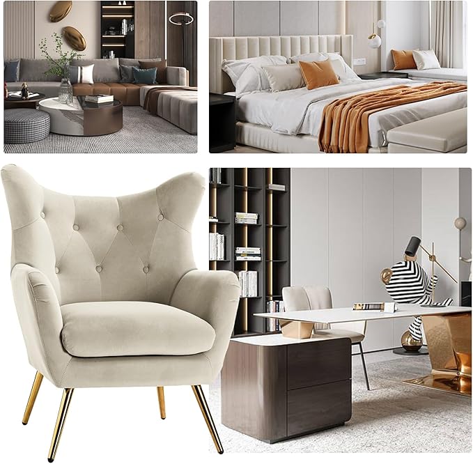 HULALA HOME Velvet Accent Chair, Modern Wingback Arm Chair with Metal Gold Legs, Velvet Tufted Upholstered for Living Room Bedroom(TAN)