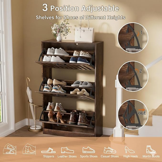 Shoe Storage Cabinet for Entryway with 3 Flip Drawers, Wooden Shoe Organizer with Adjustable Shelf, Freestanding Wood Fluted Panel Shoes Cabinet Closed Shoe Rack for Hallway, Foyer, Walnut - Image 5