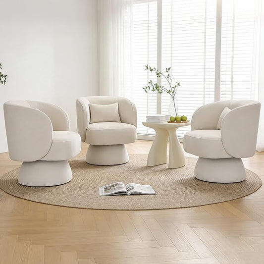 ClinQ Swivel Barrel Chair with Pillow Set of 3, Cloud Velvet Accent Chair, Upholstered Cuddle Reading Lounge Chair, 360° Modern Boucle Swivel Curved Armchair for Living Room, Bedroom, Office, White