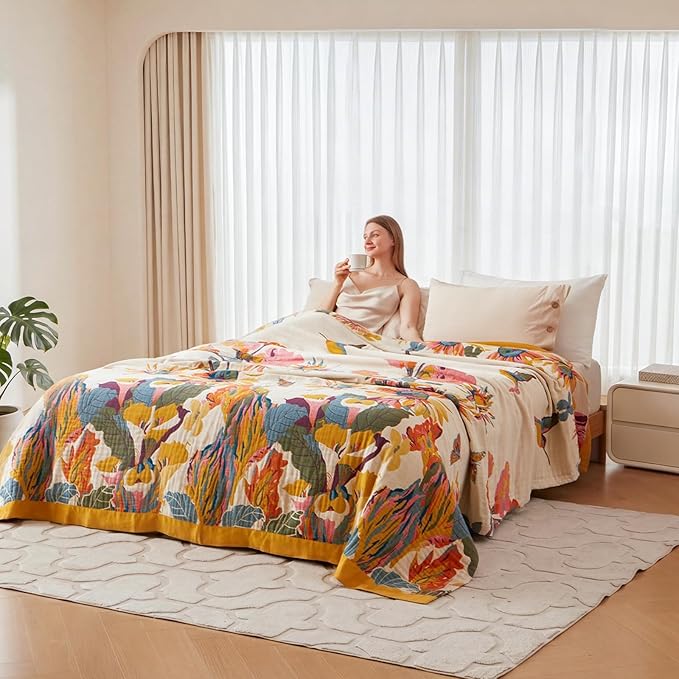 Boho Throw Blanket - 100% Cotton Soft Throw Blanket for Bed, 60"x80" Reversible Breathable Lightweight Spring Blankets, All Seasons Farmhouse Decor Floral Plant Butterfly Throw Quilt