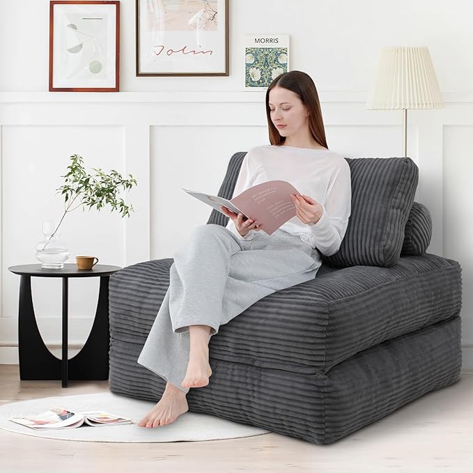 Folding Sofa Bed, Convertible Sleeper Chair with Pillow & Handle, Foldable Mattress Futon Chair Bed Lounge with Back Support, Comfy Floor Sofa for Living Room Bedroom, Grey, Single