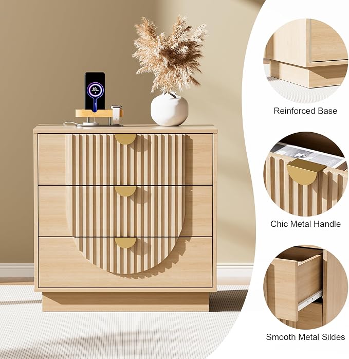 3 Drawer Nightstand with Charging Station,28" Fluted Night Stand & Modern Bedside Table, Wood End Table Storage Cabinet for Bedroom Hallway, Entryway,Caramel Brown Set of 2 - Image 5