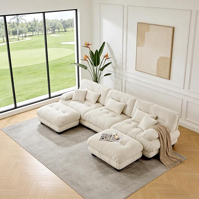 133.8" U-Shaped Cloud Couch, Oversized Modular Sectional Sofa, Deep Seat Cloud Boneless Couch, 3-Seat Modular Sectional Sofa with 2 Ottoman or Living Room,Bedroom and Apartment, Light Coffee