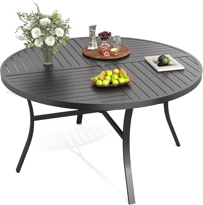 PHI VILLA Outdoor Round Dining Table for 6, 54" Large Metal Wrought Iron Table with Umbrella Hole, All Weather Furniture for Patio, Deck, Yard, Porch - Black by PHIVILLA