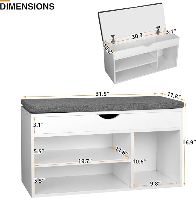 WelFurGeer Shoe Bench with Storage, White Shoe Storage Bench, Entryway Bench with Storage, Entryway Shoe Storage Bench White + Gray - Image 3