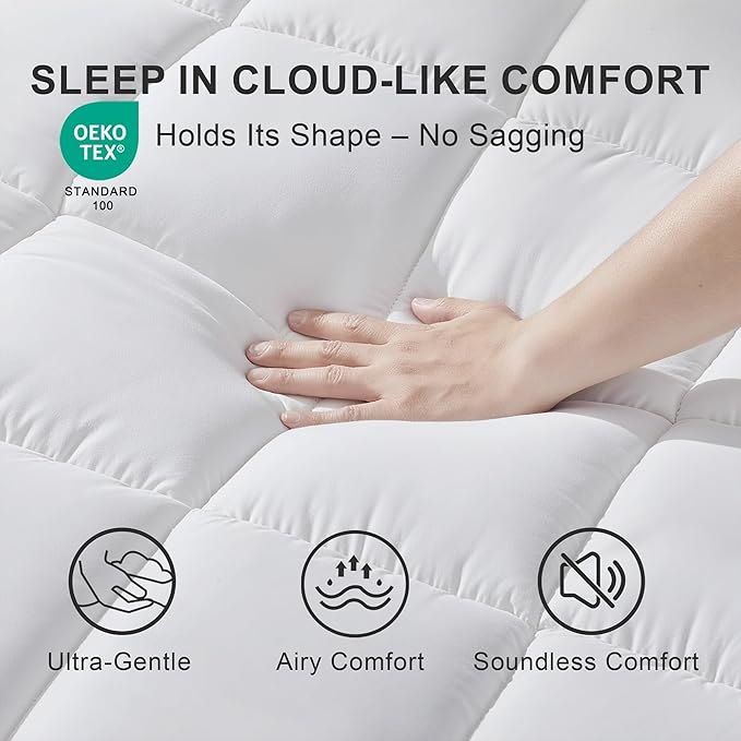 2~3In Mattress Topper Queen Size Breathable Filled Soft Fluffy Supportive for Back Pain Relief, Bed Mattress Pad Pillow Topper with Extra Thick Padded Protector for 8"-21" Deep Pocket