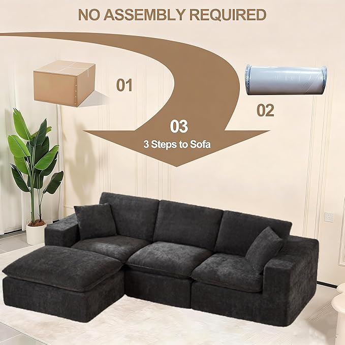 Ball & Cast 108" Modular Sectional Sofa, L Shaped Modular Sectional Couch Deep Seat with Movable Ottoman, Upholstered Convertible Comfy 4 Seater Chenille Sofa for Living Room, Apartment,Black