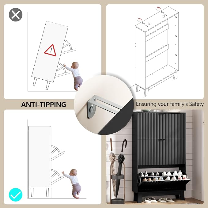 Shoe Cabinet Storage for Entryway with 3 Flip Drawers, Fluted Narrow Shoe Organizer with Wooden Legs, Freestanding Slim Shoe Storage Hidden Shoe Rack Organizer for Front Door Entrance, Hallway, Black - Image 6