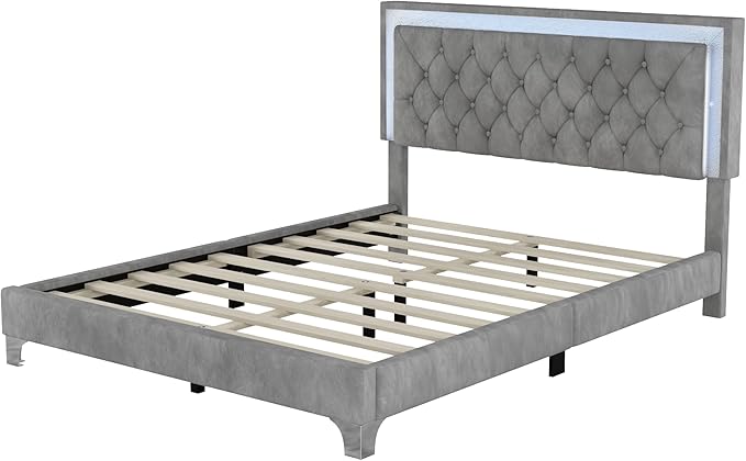 3-Pieces Bedroom Sets, Harper & Bright Designs Queen Size LED Velvet Platform Bed Frame with LED Lights & Tufted Headboard, Wood Slat Support, No Box Spring Needed, Easy Assembly (Grey)