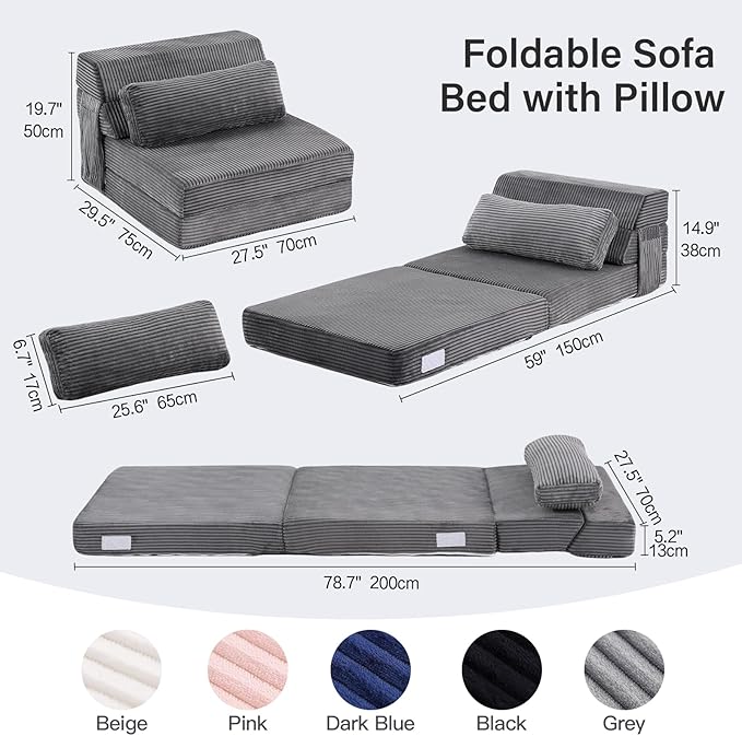 Folding Sofa Bed with Pillow, Convertible Sleeper Chair, Comfy Floor Futon Couch Mattress Lounge Lounge Sofa for Adults Portable Fold Out Chair Bed for Living Room Bedroom, Single, Gray