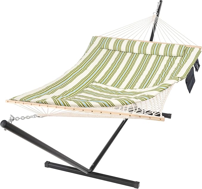 SUNCREAT Cotton Rope Hammock for Two People with Hardwood Spreader Bars, Quilted Fabric Pad & Detachable Pillow, Extra Large Hammock with 12 FT Steel Stand, Ipad Bag & Cup Holder, Green&Beige by SUNCREAT