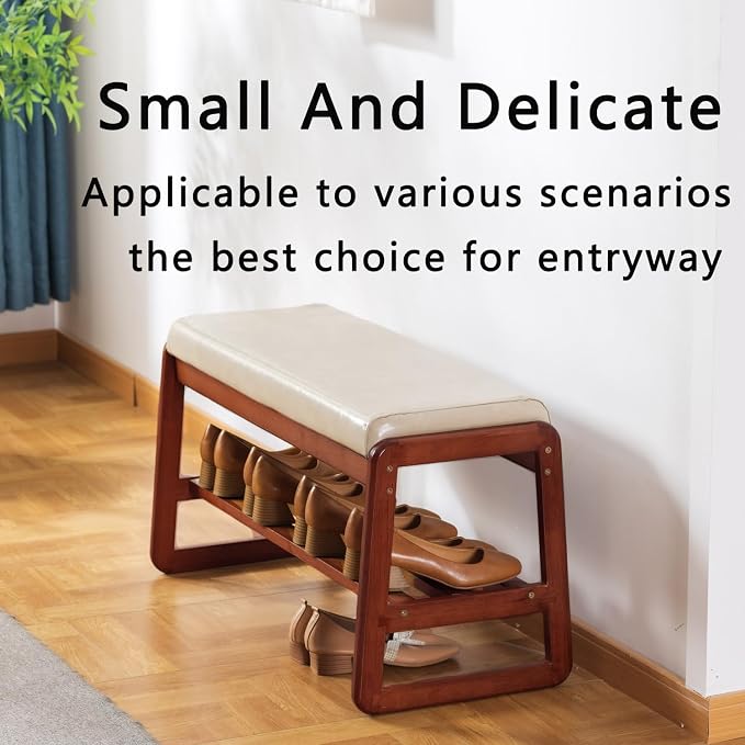 latifolia Solid Wood Bench, Entryway Shoe Bench with Cushion, 2 Tier Shoe Storage Organizer for Hallway, Living Room(Grey,31.50''L) - Image 6