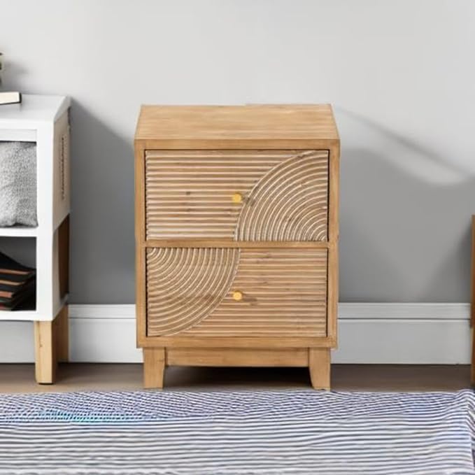 COZAYH Set of 2 2-Drawer Farmhouse Nightstand, Mid Century Nightstand Fully Assembled with Handcrafted Wood Ring Pattern for Boho, Mid-Century, Rustic Style, Natural Wood - Image 2