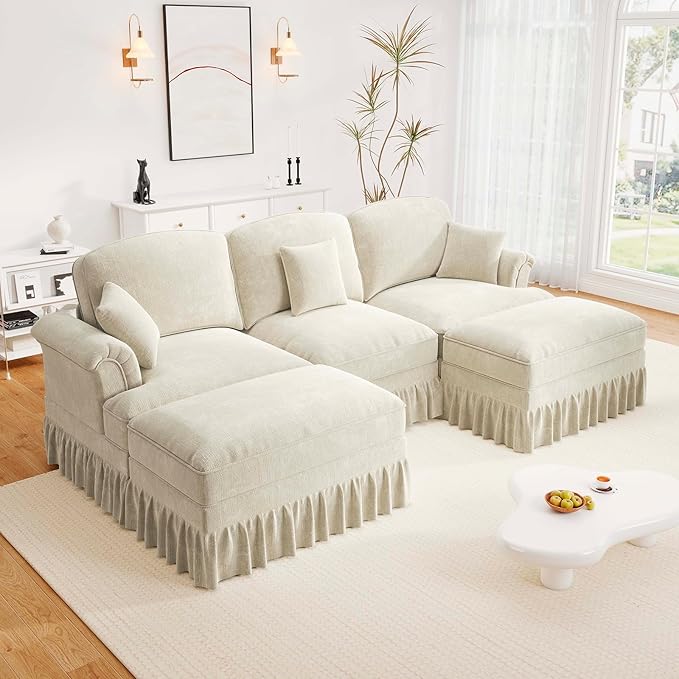Rovibek 107” U Shaped Couch, Chenille Midcentury Modern Sofa with Detachable Ruffle Hem, Sectional Couches for Living Room with Throw Pillows & 2 Ottoman, White