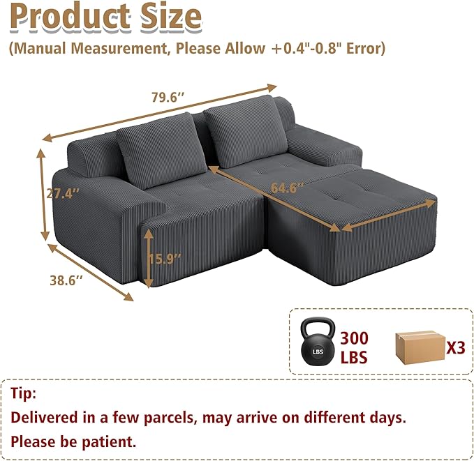KIGOTY Modular Sectional Sofa,3 PCS Comfy Cloud Sectional Couch with Deep Seat, L-Shaped Corner Sofas with Ottoman, Modern Boneless Couch for Living Room, No Assembly Required,Grey