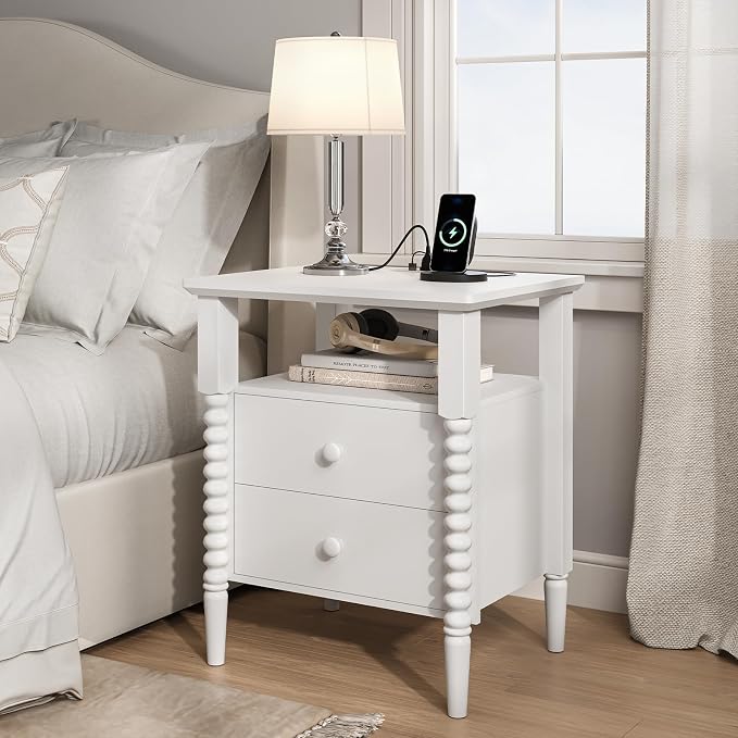 JOINICE White Night Stand Set 2, Vintage Nightstand with Charging Station, Bedside Table with 2 Drawers, End Table with Solid Wood Legs, Bed Side Tables for Bedroom, White - Image 6