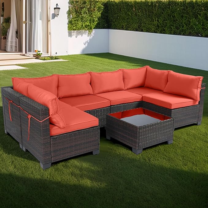 CHABATREE 7 Pieces Outdoor Patio Furniture Sets,Rattan Conversation Sectional Set,Manual Weaving Wicker Patio Sofa with Tea Table
