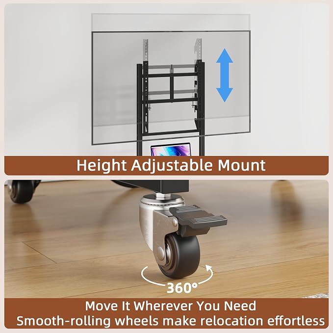 Rolling TV Stand with Wheels and Mount & Fabric Drawer - Entertainment Center with Power Outlet and Small TV Stand for Bedroom, Living Room - 15" Rustic Brown - Image 5