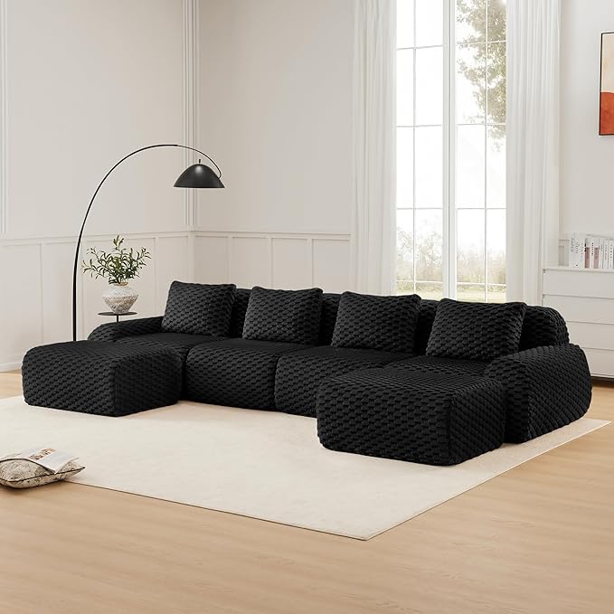146" U-Shaped Compressed Sectional Cloud Sofa, Flannel Upholstered Modular Deep Seat Sofa with 6 Pieces, Symmetrical Boneless Foam Modular Cloud Couches for Living Room