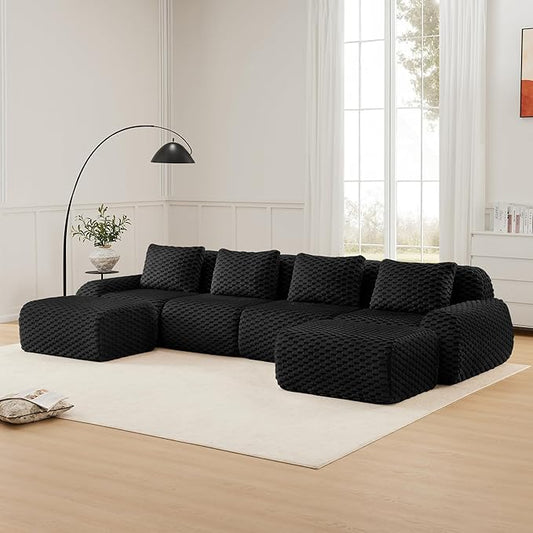 146" U-Shaped Compressed Sectional Cloud Sofa, Flannel Upholstered Modular Deep Seat Sofa with 6 Pieces, Symmetrical Boneless Foam Modular Cloud Couches for Living Room