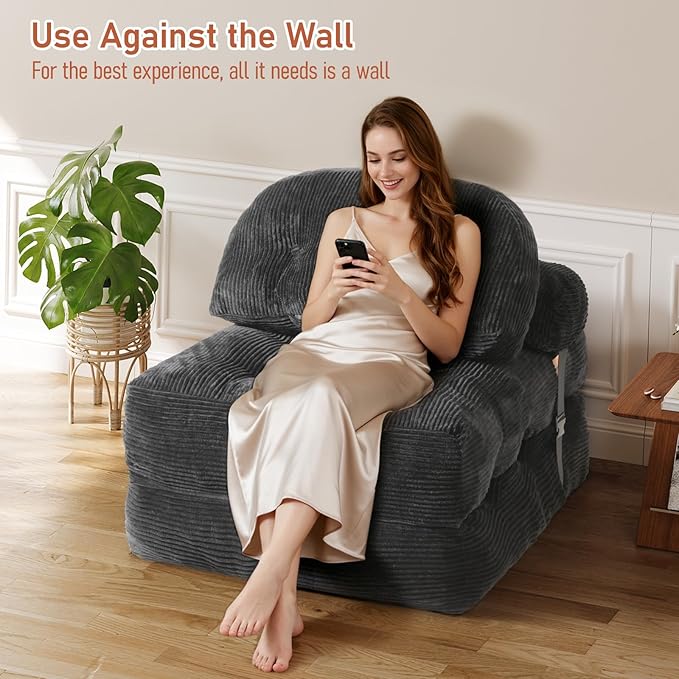 Folding Sofa Bed, Convertible Sleeper Chair with Back Support and Pillow Futon,Boneless Foldable Couch for Living Room/Guest Use/Home Office, Foldable Chair Bed for Adults, Dark Gray