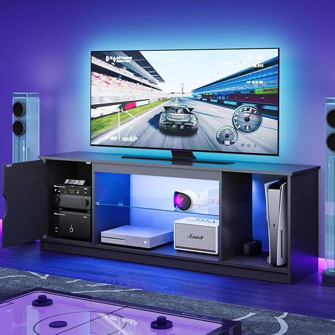 Bestier 57" LED TV Stand for 55/60/65 Inch TVs - Gaming Entertainment Center with RGB Lights, Adjustable Glass Shelves & Cabinet for PS5/Xbox, Modern Black TV Console for Living Room by Bestier