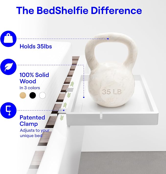 BedShelfie Wood Bedside Shelf for Bunk Bed & Top Bunk, College Dorm Room Essentials, Loft Nightstand, Floating Bed Side Table Tray Storage, Dorm Room Decor By Smallish - (Flexfit Bamboo Model, White) - Image 7
