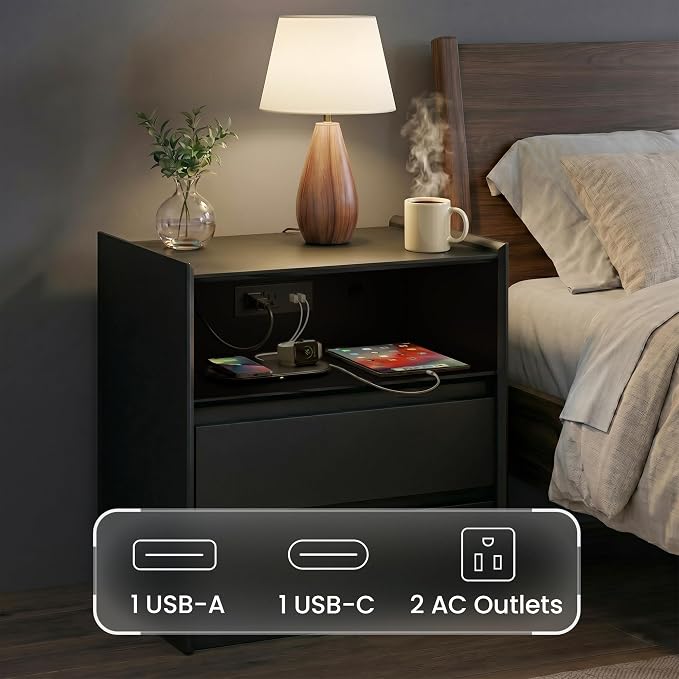 24" Tall Nightstand with Charging Station Including USB-C, Modern Bedside Table and Sofa End Table - Black, 2 Drawers, Set of 2 - Image 5