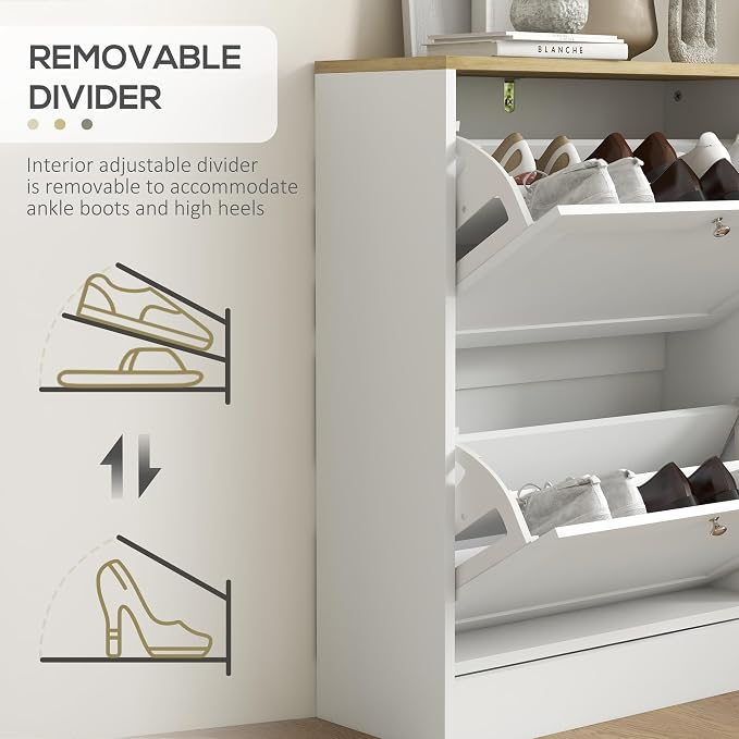 HOMCOM Slim Shoe Cabinet for Entryway, Modern Hidden Shoe Storage Cabinet with 2 Flip Drawers and Adjustable Shelves for 8-12 Pairs of Shoes, White - Image 6