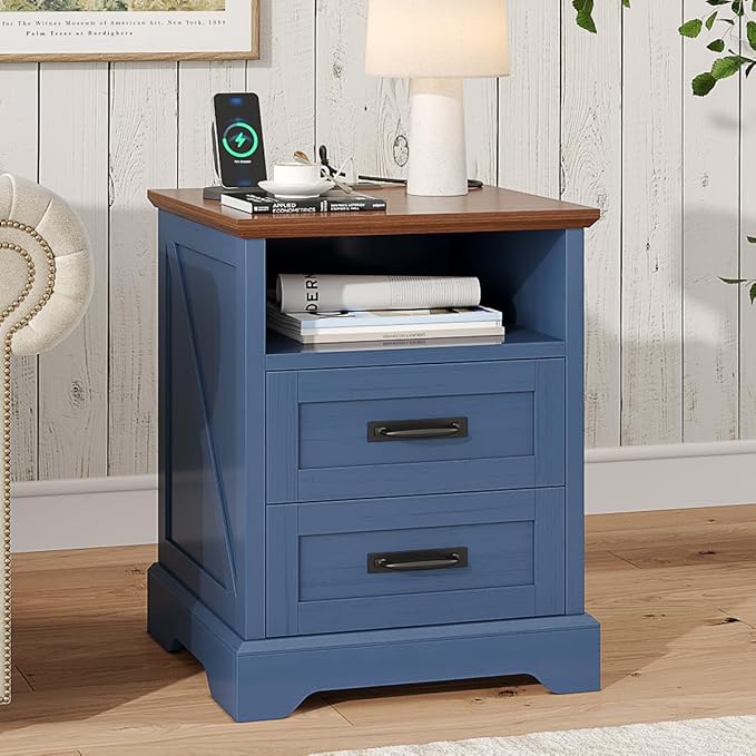 Whalefall Farmhouse Nightstand with Charging Station, 2 Drawers Bed Side Table, 18 inch Wide End Table for Bedroom, Living Room, Blue - Image 3