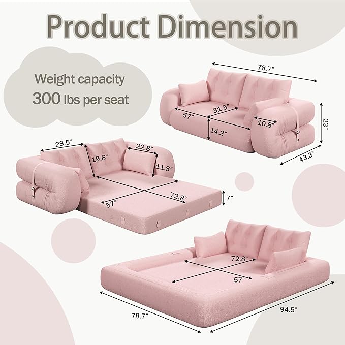 78.7" Convertible Sofa Bed, 3-in-1 Folding Floor Couch with 4 Pillows, Sleeper Sofa for Living Room and Guest Bed, No Assembly Required (Pink, Teddy Fabric)