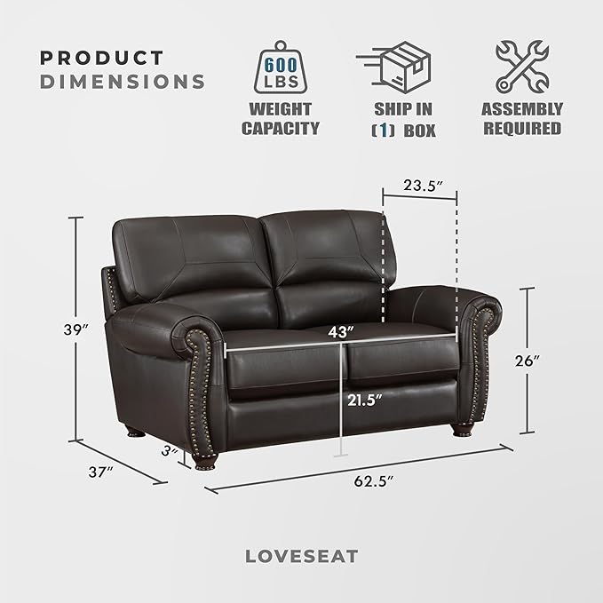 Lexicon Leather Match Couch for Living Room with Wood Frame, Rolled Armrest & Nailhead Trim, Top Grain Leather Match Sofa for Bedroom, Office, Waiting Room, 2-Seater Loveseat, Dark Brown