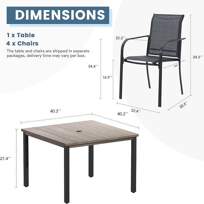 DIFY 5 Pieces Outdoor Patio Dining Set for 4, 40.2" Grey Wood-Like Square Metal Dining Table and 4 Grey Stackable Textilene Patio Chairs, Outdoor Table and Chairs for Backyard Garden Poolside - Image 8