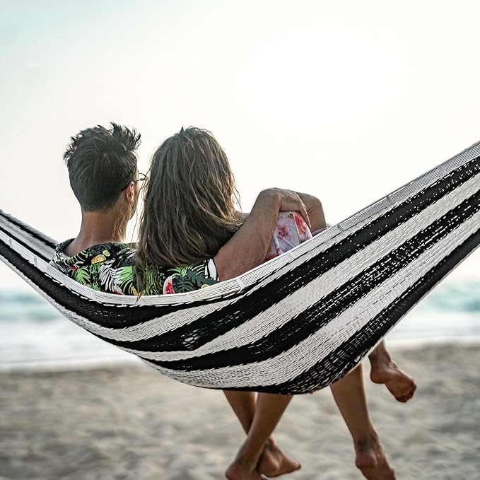 Lazy Daze Hammocks Handwoven Mayan Hammock, 10.5 FT Soft Rope Double Hammocks, Portable Outdoor Hammock with Carry Bag, 2 Straps & Carabiners for Patio Outside, 550 lbs Weight Capacity, Black/White - Image 2