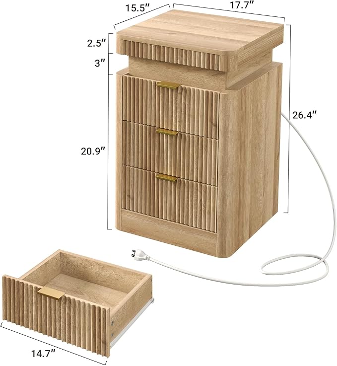 Yanosaku Night Stand Set of 2 with Charging Station, 3-Drawer Fluted LED Bedside Tables with Sliding Top & USB Outlets, Modern End Tables for Small Bedroom Living Room, Oak - Image 2