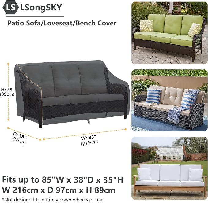 Patio 3-Seater Sofa Cover,Outdoor Couch Cover Fits up to 85W x 38D x 35H Inches,100% Waterproof Heavy Duty Patio Furniture Covers,Black - Image 3