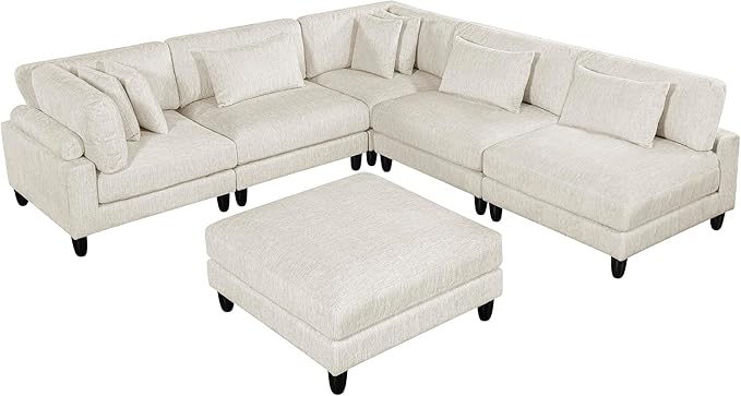 Lexicon 120 Inch Modular Sectional Sofa - Oversized 6 Seater Microfiber L Shaped Sectional Couch with Ottoman, 7 Accent Pillows, and Flexible Arrangement for Modern Living Rooms, Beige