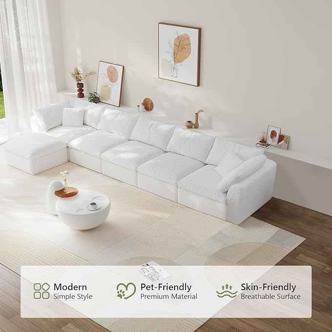 Modular Sectional Sofa Boneless Cloud Couch for Living Room, L Shape Deep Seat Recliner Sofa with Ottoman, Adjustable Backrest & 2 Throw Pillows - Covers Washable, (White, 5 Seater+1 Ottoman)