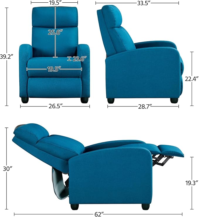 Topeakmart Fabric Recliner Sofa Push Back Recliner Chair Adjustable Modern Single Reclining Chair Upholstered Sofa with Pocket Spring Living Room Bedroom Home Theater Blue