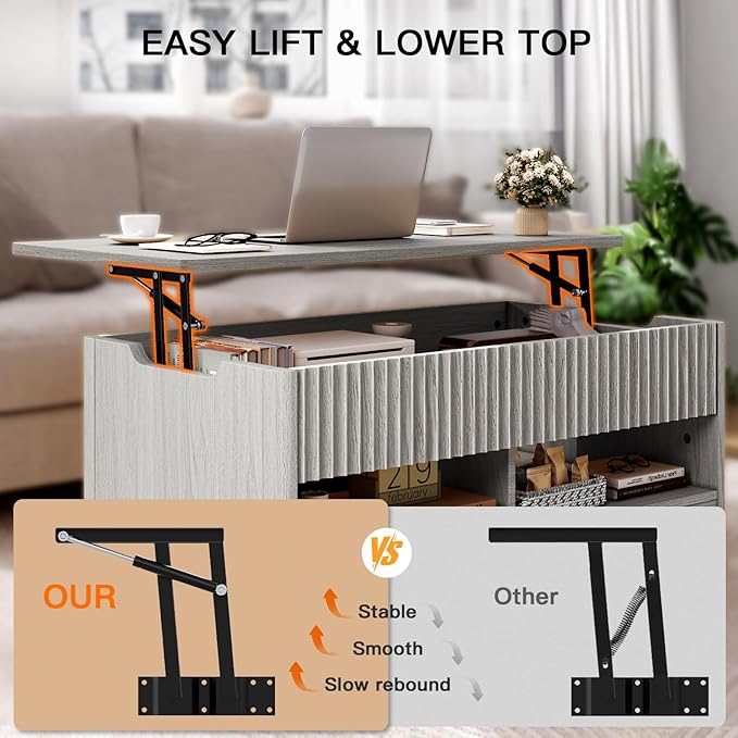 Amada Lift Top Coffee Table with Living Room, Modern Fluted Coffee Table with Drawers & Hidden Compartment, Coffee Tables for Living Room, Small Spaces, Grey
