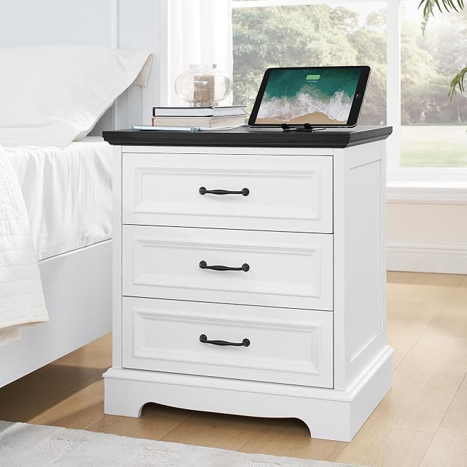 Alohappy Farmhouse Nightstand with 3 Drawers,Wood Night Stand with Charging Station Modern End Side Table for Bedroom Bedside TableStorage Cabinet Small Dresser Chest of Drawers for Bedroom (1) by Alohappy
